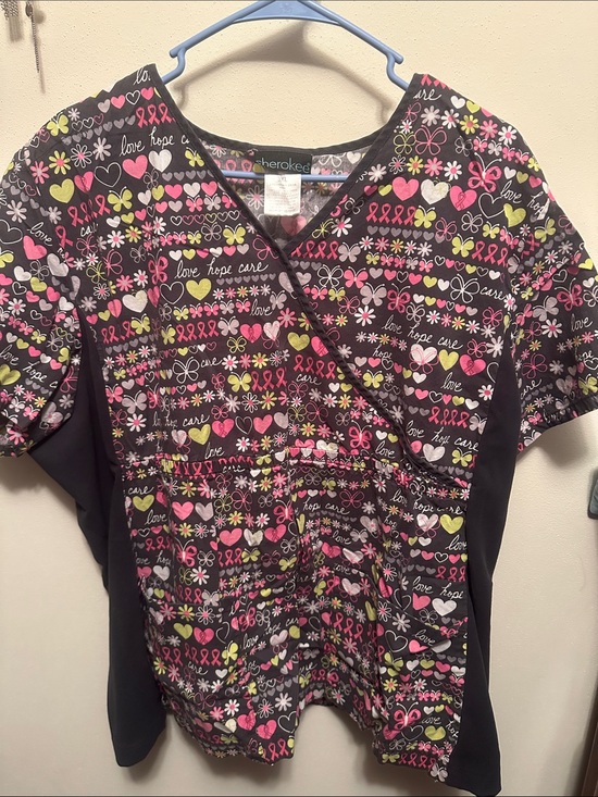 Cherokee Tops - Cherokee Black Scrub Top with Pink & Lime Ribbon and Heart Print